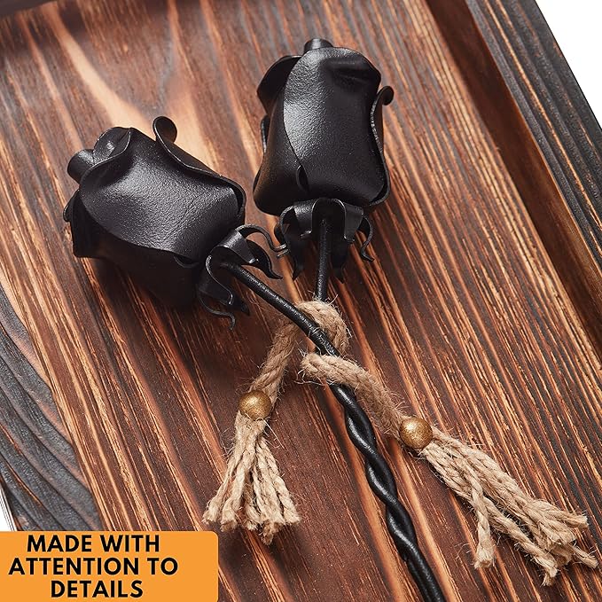 NOVECRAFTO Set of 2 Forged Iron Roses Twisted Together Forever - Placed in Mountable Wooden Frame - Unique 3D Gift