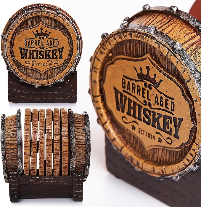 Cabin Obsession Whiskey Barrel Coaster Set – Handcrafted Whiskey Barrel Decor for Whiskey Lovers and Man Cave Gifts for Men - 6 Full Size Whiskey Coasters with Barrel Style Holder for Man Cave Décor