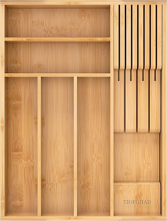 Small-Bamboo-Silverware-Drawer-Organizer, Expandable Utensil Kitchen Cutlery Tray Flatware Organization Adjustable Wood Tableware Dividers Storage (with Removable Knife Block)(Natural)