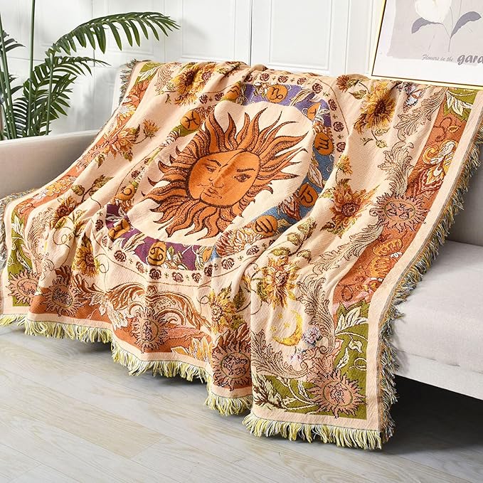 Boho Throw Blanket Reversible Cotton Bohemian Tapestry Hippie Room Decor Outdoor Blanket Double Sided (Boho Sun Yellow 50"x60")