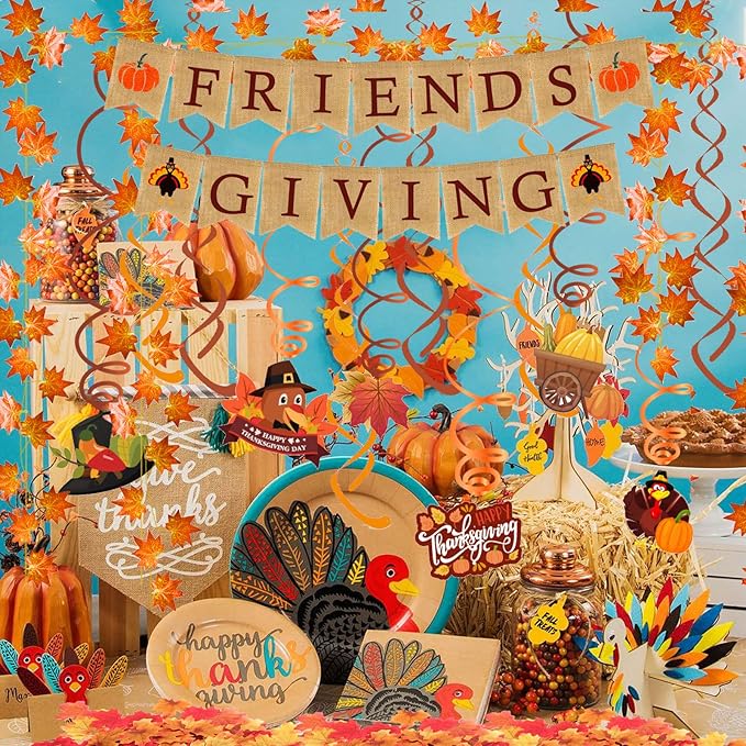 FRIENDSGIVING Burlap Banner Paper Triangular Bunting Maple leaf Garland Plastic Streamer for Thanksgiving Day Party Decoration