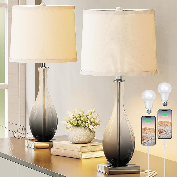 Table Lamps Set of 2 with Touch Control, 3-Way Dimmable Modern Glass Table lamp for Living Room with USB C and A Charging Ports， 27" Bedside Desk Lamps for Nightstand Decorations(LED Bulbs Included)