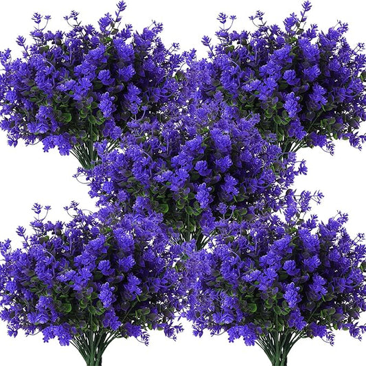 RECUTMS Fake Outdoor Flowers Artificial Flowers Plants for Window Boxes Spring Outdoor Home Decoration, 10 Bundles Fake Faux Eucalyptus for Outside Home Planter Porch Patio Window Yard Decor(Purple)