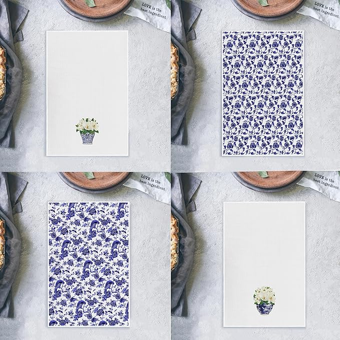 Blue and White Porcelain Chinoiserie Kitchen Towels Set of 4 - Chinoiserie Decor Dish Towels for Kitchen, Blue and White Decorative Hand Towels for Bathroom Kitchen, 16x24 Inches