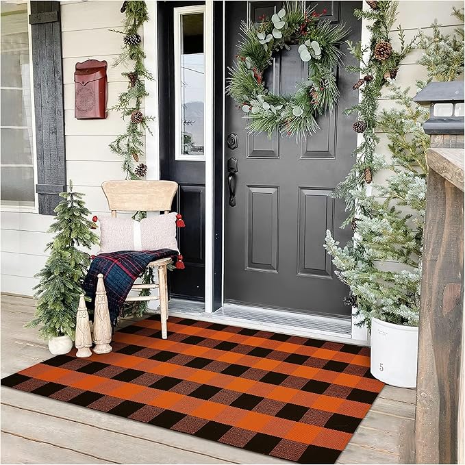 KOZYFLY Buffalo Plaid Rug 3x5 Ft Orange and Black Checke Orange Rug Halloween Fall Door Mat Woven Cotton Washable Area Rugs Door Mat Outdoor Entrance for Front Porch Entryway Fall Decor
