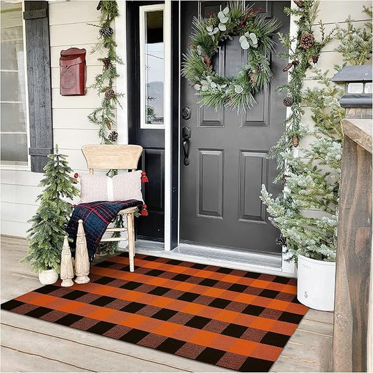 KOZYFLY Buffalo Plaid Rug 3x5 Ft Orange and Black Checke Orange Rug Halloween Fall Door Mat Woven Cotton Washable Area Rugs Door Mat Outdoor Entrance for Front Porch Entryway Fall Decor