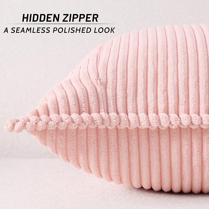 Mecatny Corduroy Throw Pillow Covers 18x18 Set of 2, Neutral Decorative Soft Boho Couch Pillow Covers with Broadside for Sofa Living Room, Pink