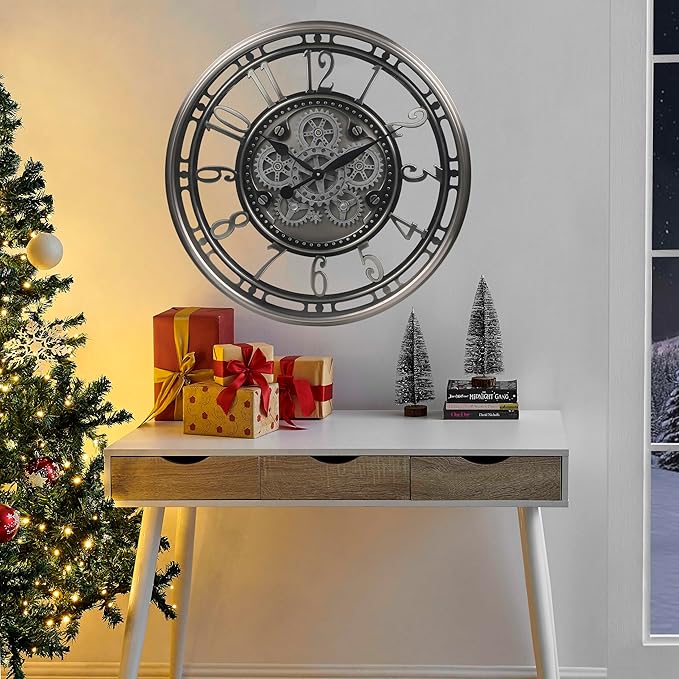 CLXEAST 28 Inch Large Industrial Moving Gear Wall Clock for Living Room Decor, Modern Farmhouse Decorative Clock for Dinning Room,Gunmetal Silver,House Warming Gifts New Home