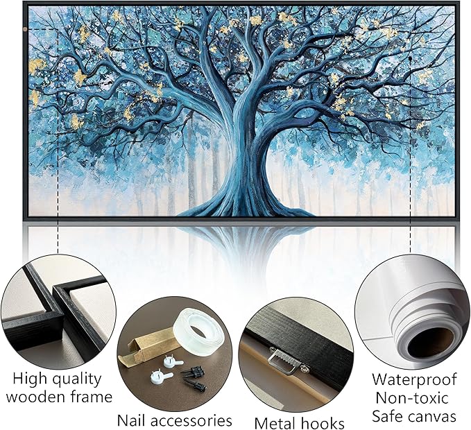 Navy Blue Canvas Wall Art - Blue and Gold Nature Wall Decor, Tree of Life for Bedroom Wall Art, Large Pictures for Living Room, Office, or Bedroom, Framed Landscape Artwork 24×48IN