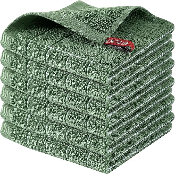 Homaxy 100% Cotton Terry Kitchen Dish Cloths, Ultra Soft and Absorbent Dish Towels for Kitchen, Suitable for Drying and Washing Dishes, 6 Pack, 12 x 12 Inches, Grass Green