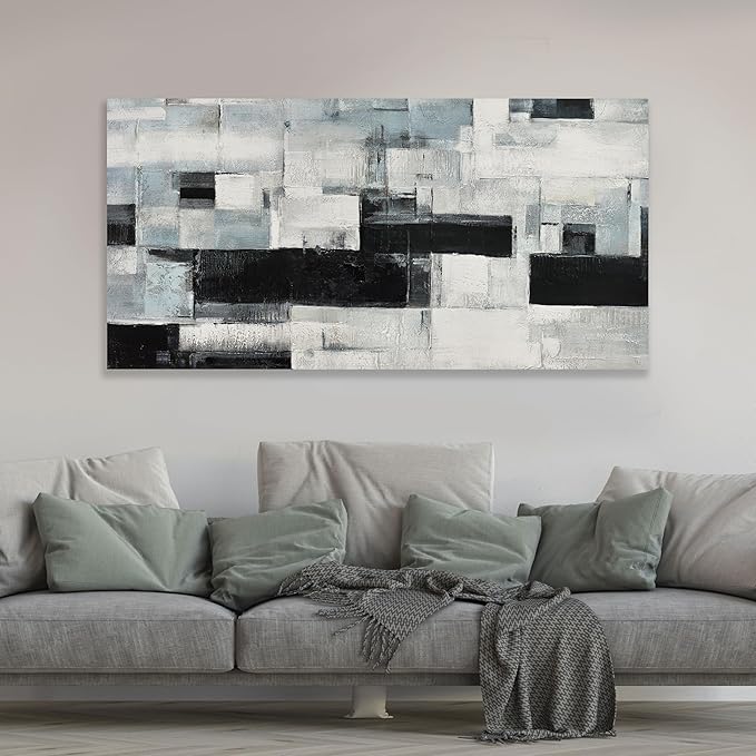 Glvzygy Abstract Wall Art Room Decor Black White and Gray Plaid Minimalism Picture Abstract Art Wall Decor Modern Abstract Wall Art Canvas for Living Room Bedroom Office 24"x48"