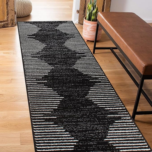Rugshop Bohemian Stripe Stain Resistant High Traffic Living Room Kitchen Bedroom Dining Home Office Runner Rug 2' x 7' Black