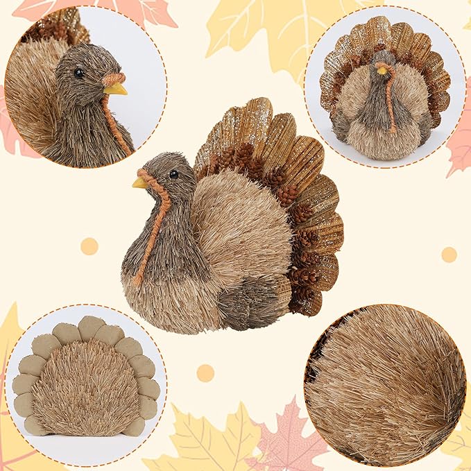 Winemana Thanksgiving Turkey Decorations Indoor, Sisal Figurines Home Centerpiece Decor, Handmade Large Turkey for Table, Office, Mantel - Fall Harvest Gifts