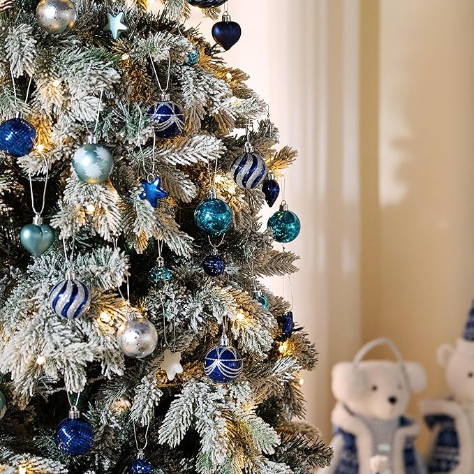 Valery Madelyn 28Pcs Christmas Heart Shaped Ornaments Gift Pack, Navy Blue Silver Craft Painted Tree Heart Decorations, Christmas Baubles Hanging Indoor Holiday Party Xmas Decor