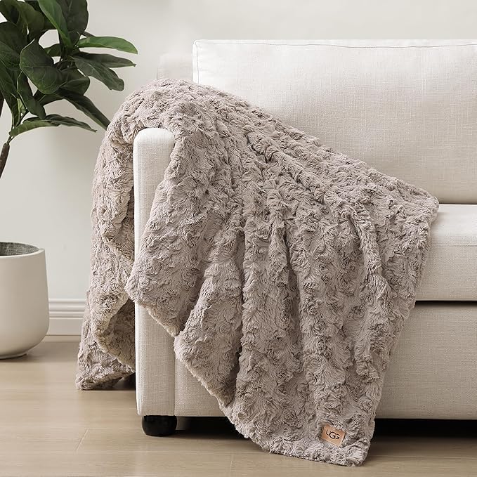UGG Faux Fur Brown Throw Blankets for Bed, Fuzzy Blanket, Luxury Throws for Couch, Hypoallergenic Double-Sided, Cozy Cute Fall Decor, 50-inch x 70-inch, Oyster Brown (Adalee)