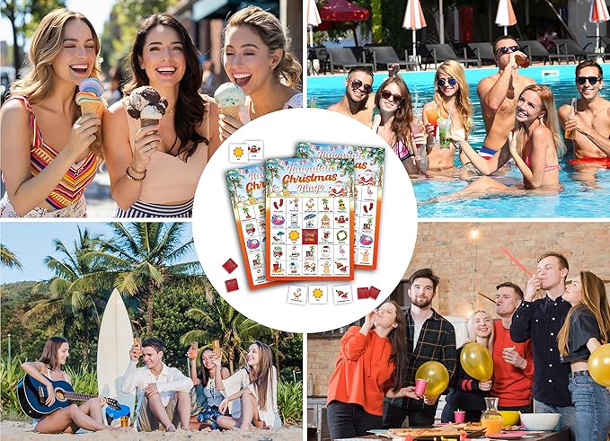 Hawaiian Christmas Bingo Games Cards, Summer Beach Party Game, Tropical Christmas Party Game Decor, Bingo Sets for Adults Large Group, Tropical Christmas Theme Party Activity Supplies -A02