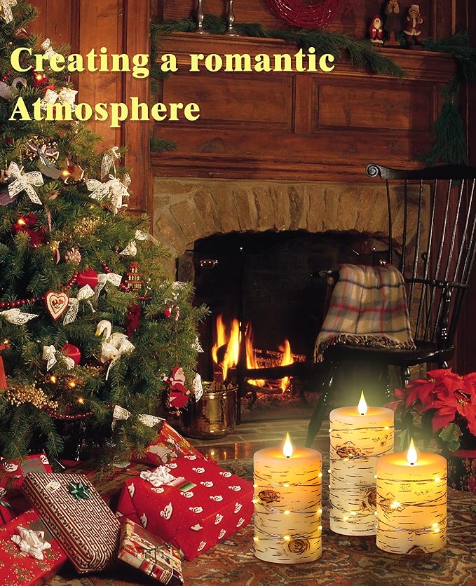 Flameless Candle LED Candles Hand Painted Birch Bark Effect Recessed Light String Candle Set of 3(H4,5,6") Ivory Real Wax Pillar Battery Operated Candles with Dancing LED Flame 10-Key Remote Control