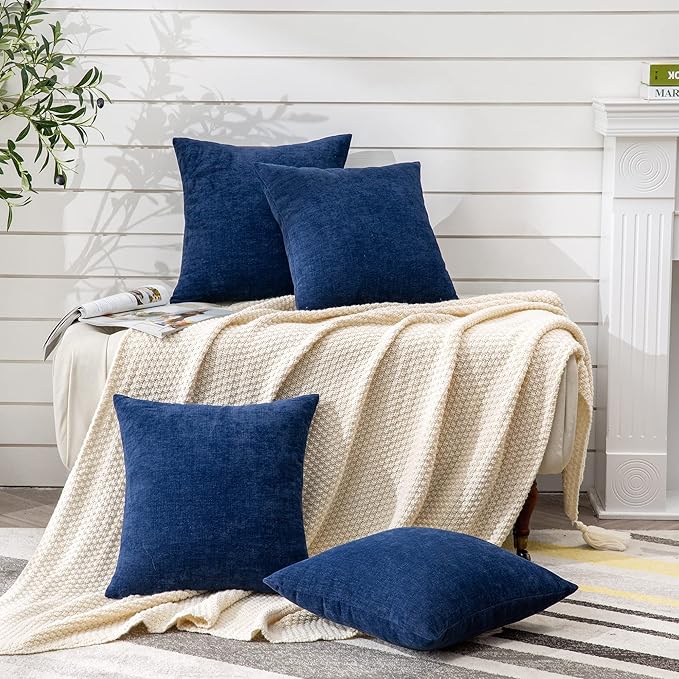 GAWAMAY Decorative Square Throw Pillow Covers 18"x18" Inch Set of 4, Super Soft Chenille Pillows Farmhouse Fall Pillowcase for Living Room Bedroom Sofa Couch Cushion Cover Navy Blue 45x45cm