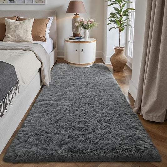 2x6 Area Rug for Bedroom, Modern Grey Super Shag Shaggy Soft Runner Carpet Washable Fluffy Rugs for Living Room Bedside Sofa Home Dorm Decor Aesthetic