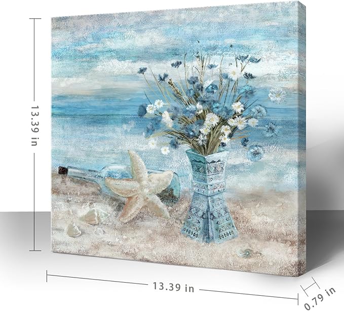 Bathroom Decor Wall Art Blue Beach Picture Ocean Theme Flower Canvas Print Modern Coastal Seascape Painting Framed Seaside Artwork Floral Daisy in Indian Vase for Home Sea Lake Bedroom 14x14inch