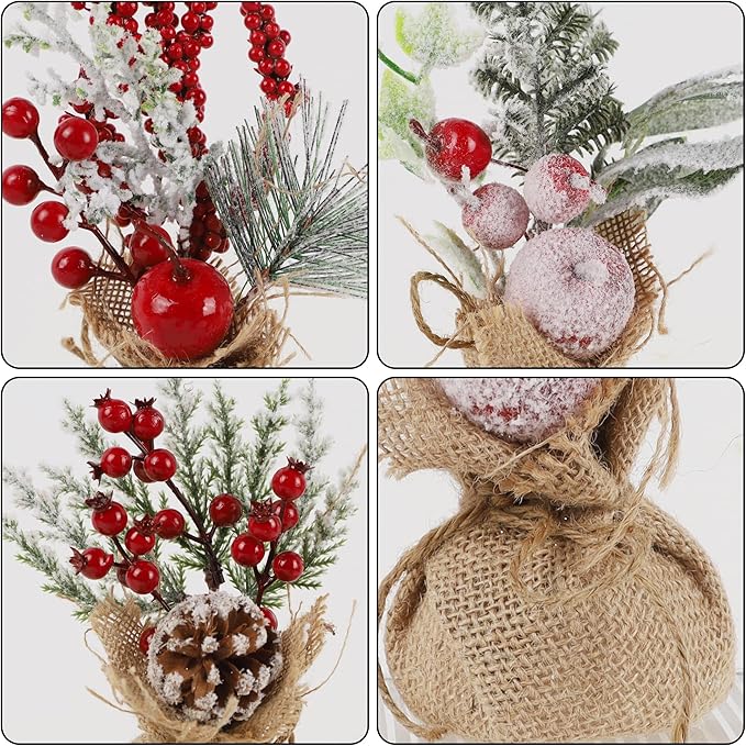 winemana 6 Pcs Mini Christmas Tree Table Decorations, 9" Small Artificial Trees with Red Berries Pine Cone Tabletop Centerpiece for Home Office Room Holiday Decorations