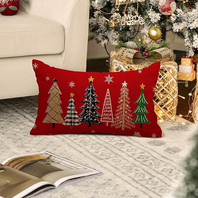 Christmas Pillow Cover 12X20 Inch Red Green Christmas Tree Stars Decoration Holiday Farmhouse Winter Pillow Case for Sofa Couch Decor