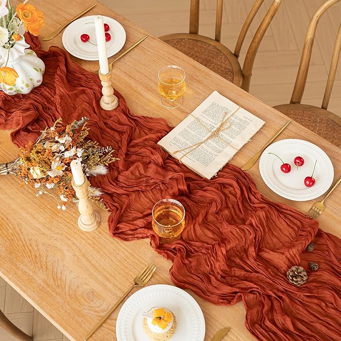 FEXIA Terracotta Cheesecloth Table Runner 35x120 Inches Orange Red Rust Boho Gauze Christmas Table Runners Burnt for Wedding Decor Reception Bridal Shower Centerpiece