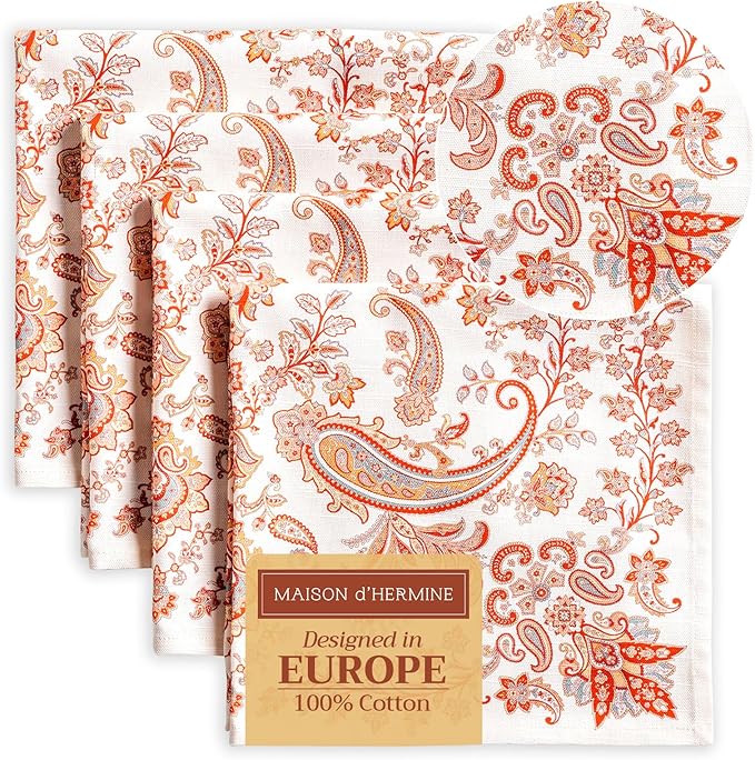 Maison d' Hermine Cloth Napkins Set of 4 100% Cotton Everyday Reusable Square Napkins Cloth Washable, Dinner, Party, Wedding, Restaurant (Cachemire, 20" x 20")