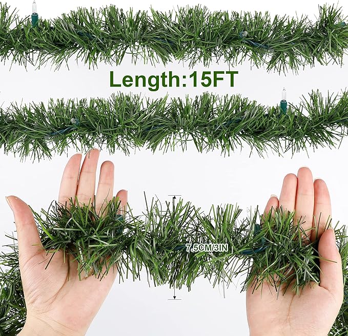 Biswing 15FT Pre-lit Christmas Green Garland Upgrade, Lighted Artificial Pine Garlands with 35 Count Clear Lights, Connectable & Light Up for Indoor Outdoor Home Winter Holiday New Year Decorations
