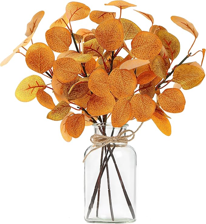 Sggcecsy 6 Pcs Fall Eucalyptus Leaves in Glass Vase 14" Artificial Autumn Stems Silver Dollar Leaves Fake Silk Branches with Vase for Indoor Home Autumn Festival Thanksgiving Decor
