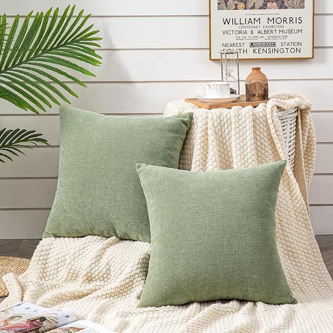 GAWAMAY Decorative Chenille Throw Pillow Covers 26x26 Inch Pack of 2, Soft Square Couch Pillow Cover for Sofa Cushion Living Room Bedroom Oversized Pillowcases Sage Green 66x66cm (ONLY Covers)