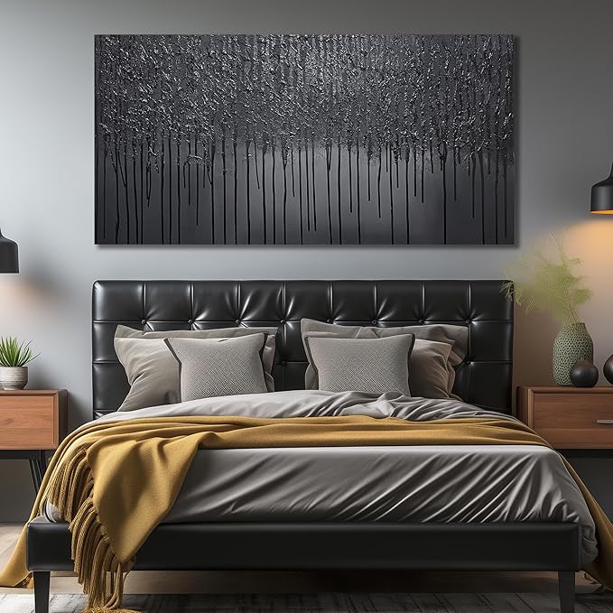 Black Abstract Hand Painted Oil Painting for Bedroom Modern Wall Decor for Office Men Huge Canvas Wall Art for Living Room Large Size 36 x 72 Inch