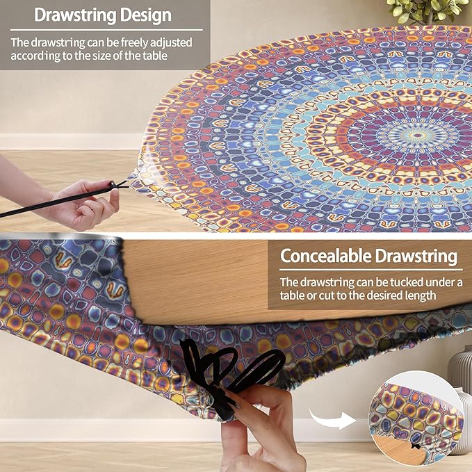 Fitted Round Tablecloth Small Bohemian Vinyl Patio Table Cloths for 45-54" Tables Travel Vacation Camper Accessories Living Room New HomeHouse Decorations Outdoor Road Trip Must Haves