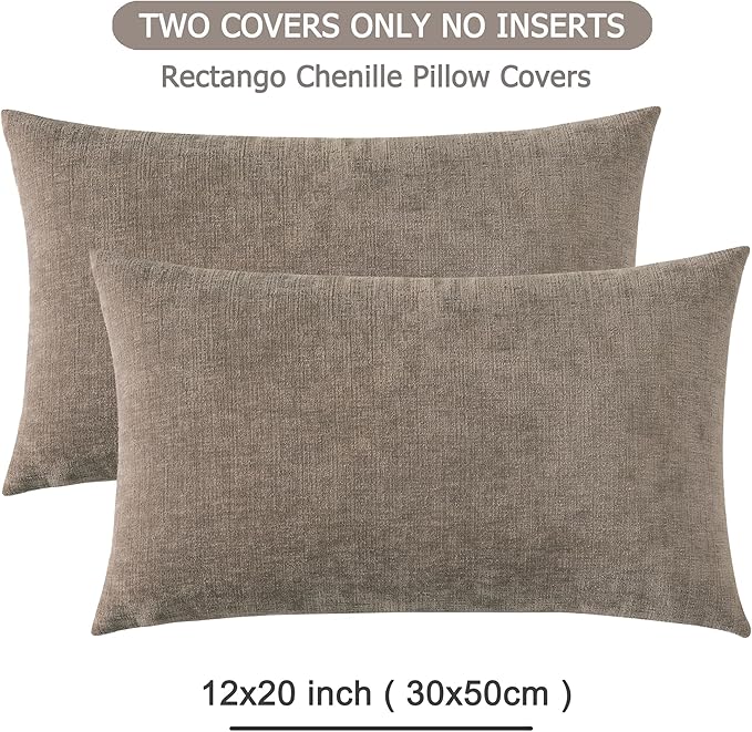 GAWAMAY Lumbar Pillow Decorative Rectangle Throw Pillow Covers 12"x20" Inch Set of 2, Super Soft Chenille Pillowcase for Living Room Bedroom Sofa Couch Cushion Cover Taupe Grey 30x50cm (ONLY Covers)
