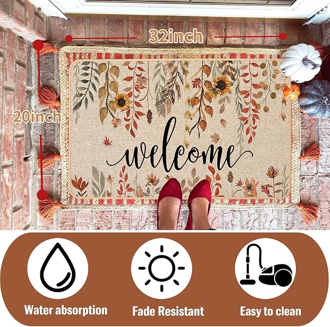 ORTIGIA Welcome Fall Doormat Indoor Outdoor Patio Eucalyptus Leaves Sunflowers Door Mats Non-Slip Entrance Mat for Home Entrance, Outside Entry, Yard, Floor, Patio 32x20 Inch