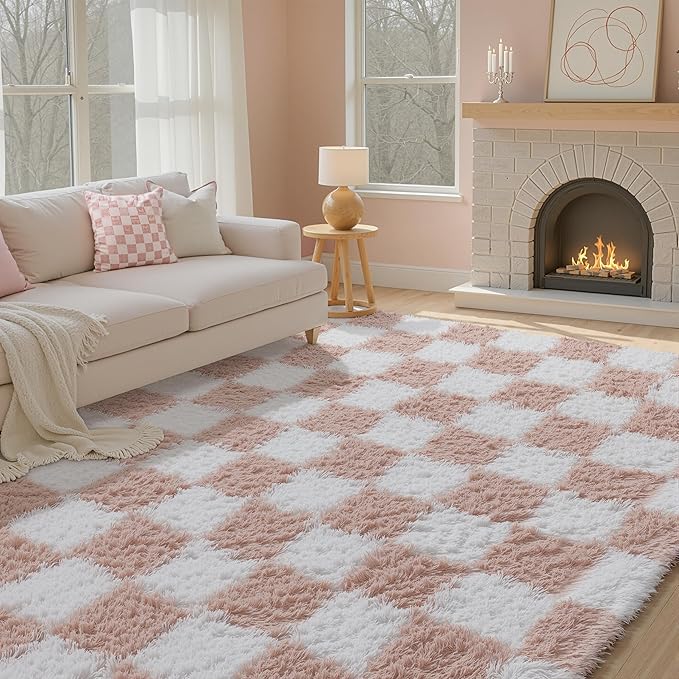 Checkered Rug 5x7 for Living Room, Pink and White Modern Shag Rug Super Soft Washable Indoor Fuzzy Carpet Non-Slip Fluffy Rugs for Bedroom Home Aesthetic Decor