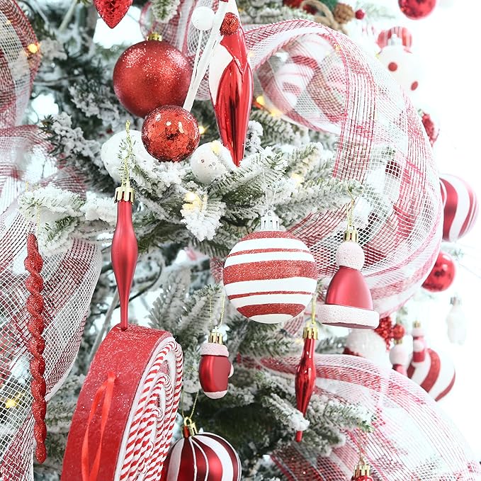 Sea Team 36-Pack Shatterproof Plastic Christmas Ball Ornaments Set, Multi-Size Christmas Baubles, Hanging Decorations for Xmas Tree, Wreath, Garland, (1.57-3.15 Inches, Red)