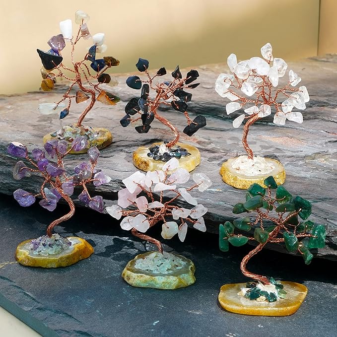 Crystal Tree for Positive Energy, 7 Chakra Stones and Healing Crystals Tree of Life, Money Bonsai Trees, Feng Shui Décor for Home and Office Desk Decoration, Spiritual & Good Luck Gifts Set of 6 Trees