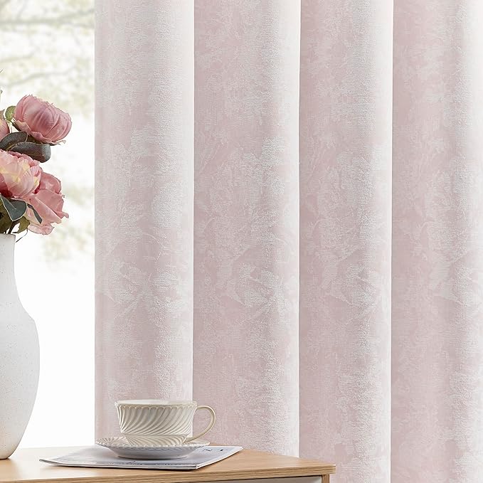 Beauoop Pink Floral Jacquard Blackout Curtains 90 Inches Long 2 Panels for Bedroom Living Room Chenille Flower Room Darkening Thermal Insulated Soundproof Grommet Window Treatments Drapes, 52x90