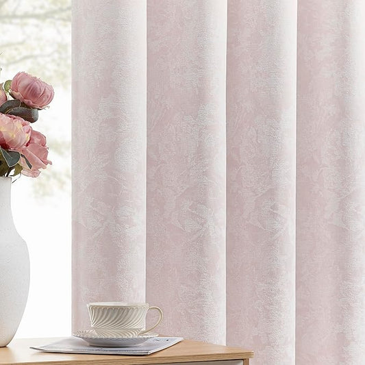 Beauoop Pink Floral Jacquard Blackout Curtains 90 Inches Long 2 Panels for Bedroom Living Room Chenille Flower Room Darkening Thermal Insulated Soundproof Grommet Window Treatments Drapes, 52x90