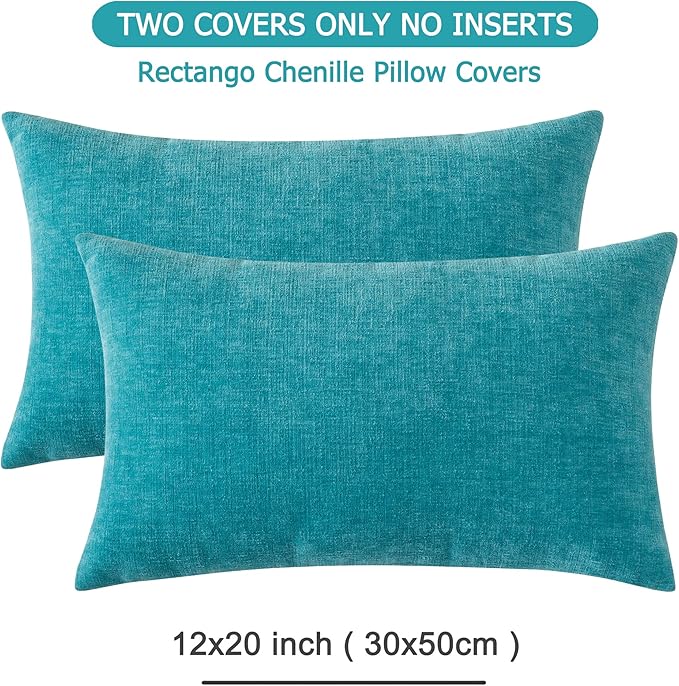 GAWAMAY Decorative Rectangle Throw Pillow Covers 12"x20" Inch Set of 2, Soft Chenille Lumbar Support Pillow Fall Pillowcase for Living Room Bedroom Sofa Couch Cushion Cover Teal 30x50cm (NO Inserts)