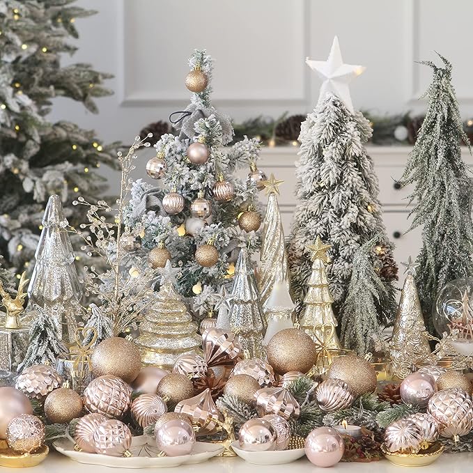 Sea Team 21-Pack Christmas Ball Ornaments with Strings, 80mm/3.15-Inch Large Size Baubles, Shatterproof Plastic Christmas Bulbs, Hanging Decorations for Xmas Tree, Holiday, Wedding, Party, Rose Gold