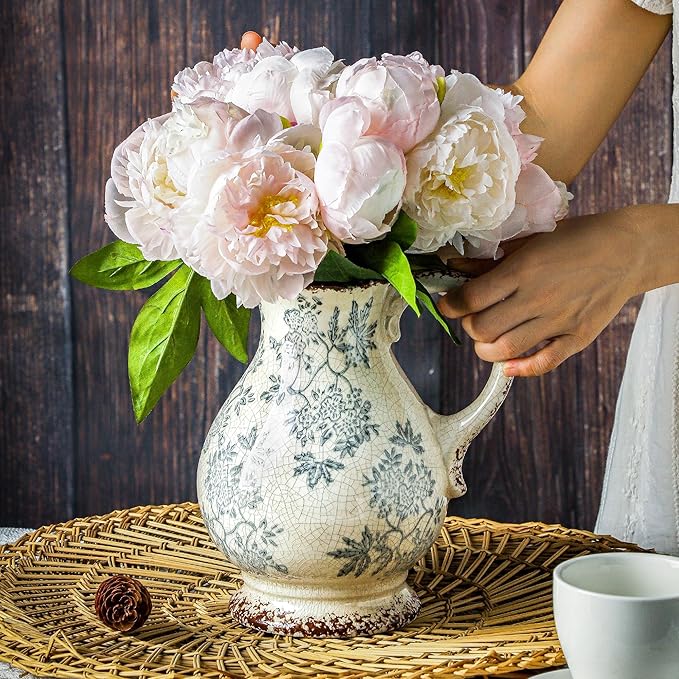 Enra Large Vintage Blue and White and Pitcher for Home Decor, 9.7 Inch Rustic Chinoiserie Decorative Vases, Green and Beige Ceramic Vases for Living Room, Kitchen, Office – Large Vases for Decor