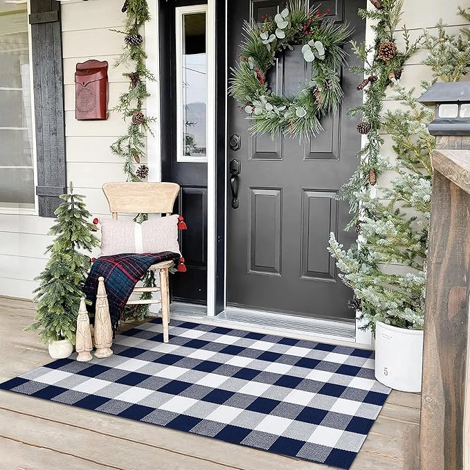 KOZYFLY Buffalo Plaid Area Rugs 3x5 Ft Navy and White Checkered Rug Washable Front Door Mat Hand Woven Cotton Outdoor Rug Large Rug for Front Porch Kitchen Entryway Patio Bathroom