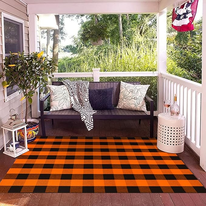 SEEKSEE Cotton Buffalo Plaid Rug 4'x6' Orange and Black Checked Rug Washable Doormats Indoor Outdoor Rugs for Layered Front Door Mats, Porch, Kitchen, Farmhouse, Entryway