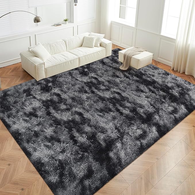 Black Grey Tie-Dyed Rug for Living Room 8x10 Fluffy Area Rug Mat Bedside Throw Rug for Bedroom Kids Room Boys Teens Nursery Baby Dorm Office Home Decor Aesthetic Carpets