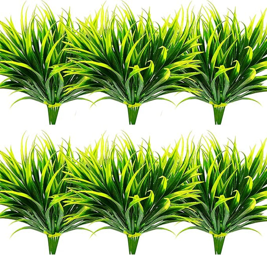 16 Pcs Outdoor Fake Plants UV Resistant Artificial Tall Grass Plants Faux Tropical Flowers Bushes Fall Winter Summer Planters Yard Patio Front Porch Décor Plastic Greenery Shrubs Decoration