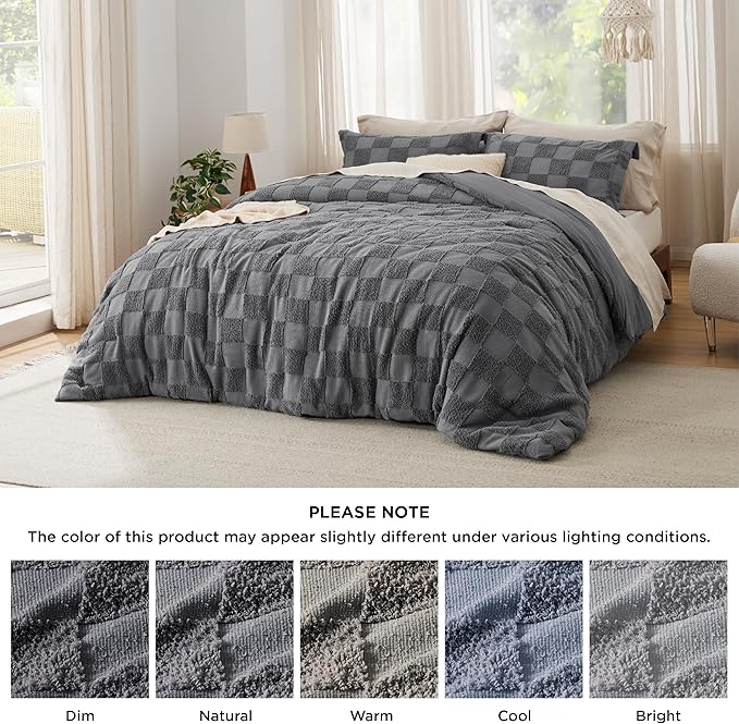 Bedsure Queen Size Comforter Set Dark Grey, Boho Tufted Bed Set, Checkered Farmhouse Shabby Chic Bedding, 3 Pieces, 1 Plaid Geometric Comforter and 2 Pillow Shams