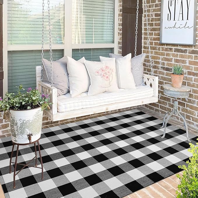 KOZYFLY Buffalo Plaid Area Rug 4 x 6 Ft Black and White Checkered Rug Washable Outdoor Rugs Cotton Rugs for Bedroom Front Door Mat Carpet for Front Porch Living Room Dining Room Kitchen