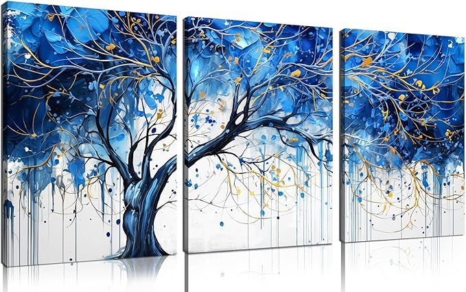 CIRABKY Blue Tree Pictures Wall Decor for Living Room - Blue and White Wall Art for Bedroom - Modern Wall Decor for Office Size 12" x 16" x 3 Pieces